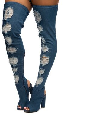Distressed Over-the-Knee Peep-Toe Jeans Boots - Dark Blue